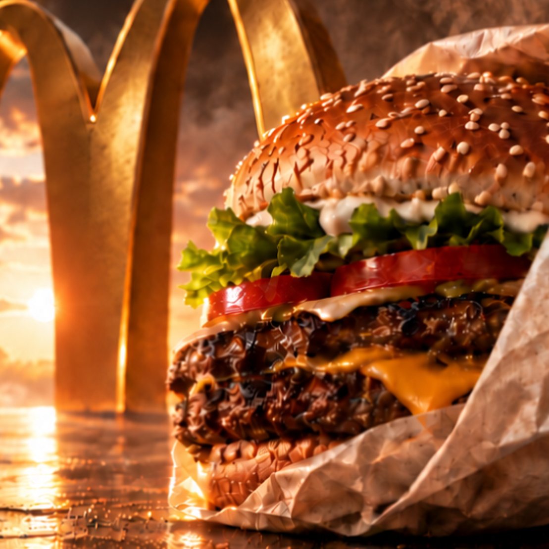 Hambúrguer embrulhado no papel do Burger King em primeiro plano, com os arcos dourados do McDonald's ao fundo em um fim de tarde
