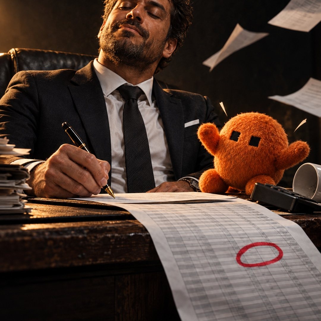 Executivo de terno assina de olhos fechados uma planilha longa enquanto o mascote laranja observa, com um valor circulado em vermelho no papel