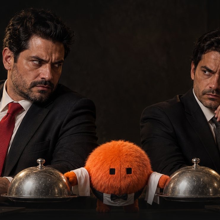 Mascote laranja vestido de garçom serve duas bandejas cobertas iguais a dois empresários de terno que se encaram desconfiados