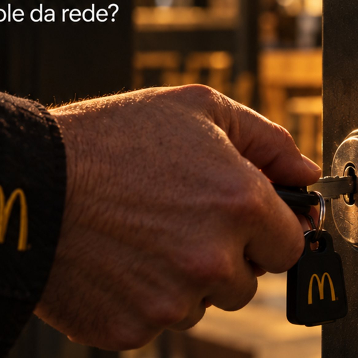 Mão com o logotipo do McDonald's na manga girando a chave na porta de vidro de um restaurante da marca, com os arcos dourados iluminados ao fundo