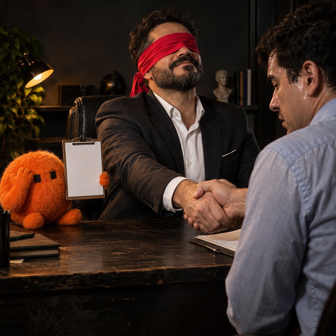 Entrevistador de olhos vendados aperta a mão de um candidato nervoso, enquanto o mascote laranja cobre os olhos ao lado de uma prancheta em branco