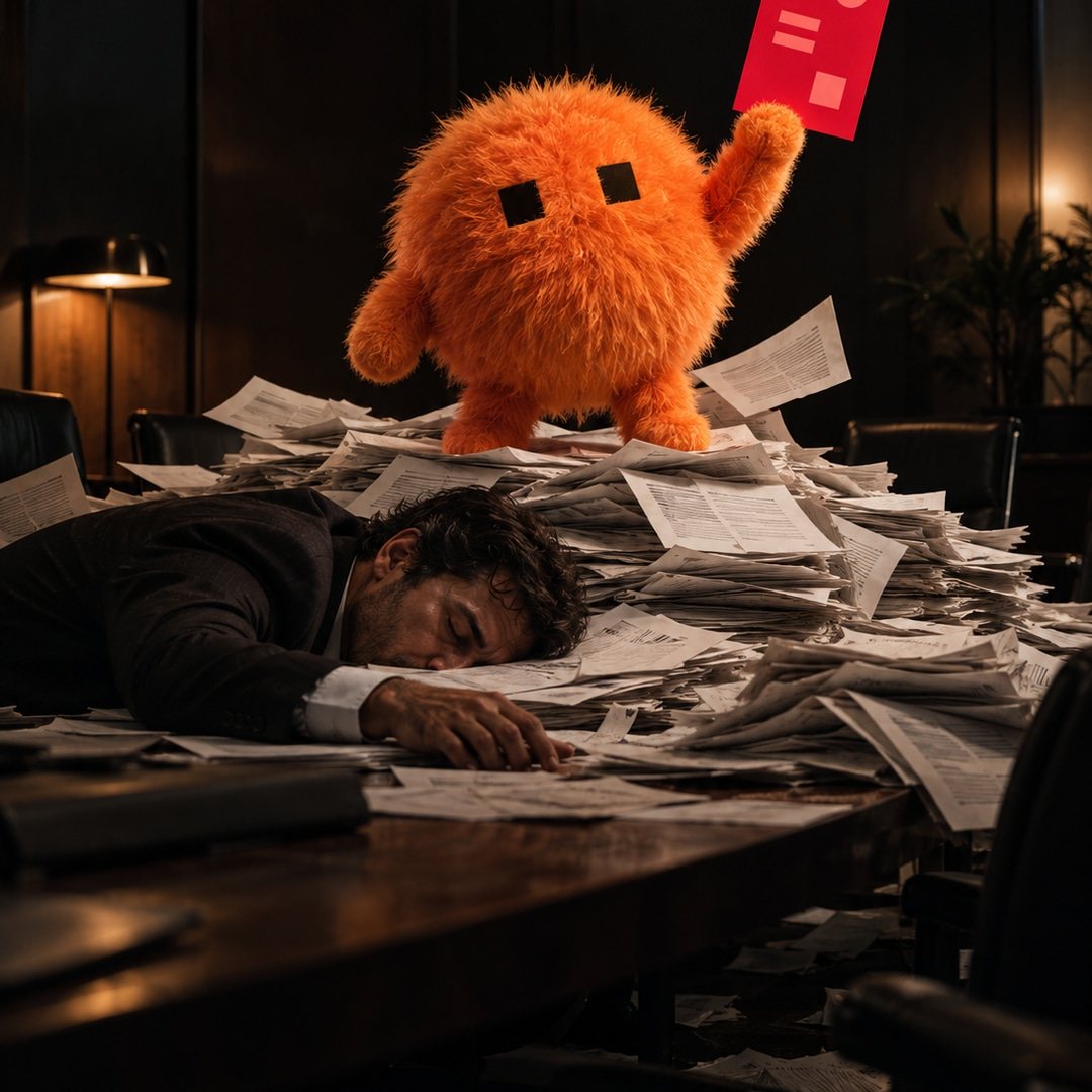 Homem dorme de bruços sobre uma pilha de papéis numa mesa de reunião, enquanto o mascote laranja, de pé no topo da pilha, ergue um cartão vermelho