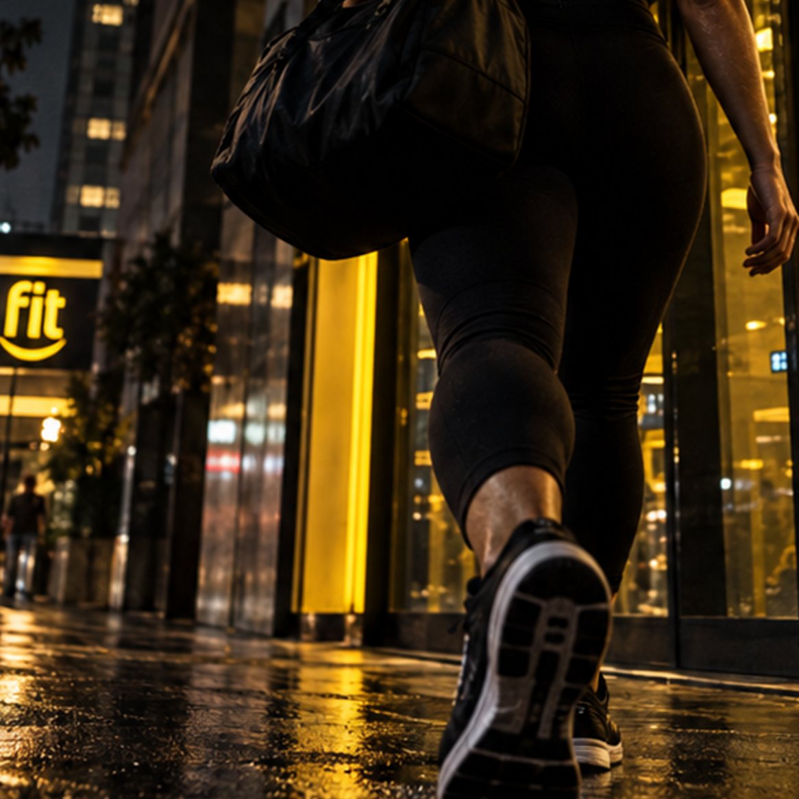 Mulher com bolsa de treino caminhando à noite em frente a uma unidade da Smart Fit, com outra unidade da rede ao fundo na mesma rua
